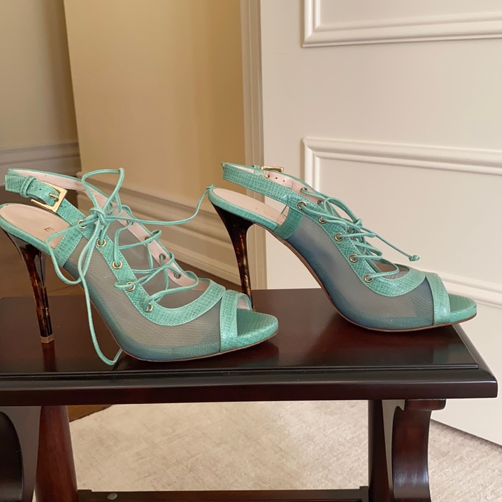 Escada Teal Lace-Up Mesh Peep-Toe Heels